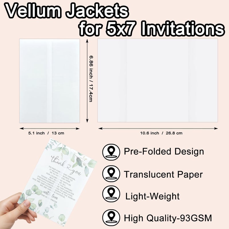 DOCVOEOMH 94 Pack Pre-Folded Vellum Jackets for 5x7 Invitations - 93 GSM Translucent Vellum Paper Sleeves, Envelope Liners & Wedding Invitation Accessories, Invitation Paper for Birthdays, Baby Showers - Image 2